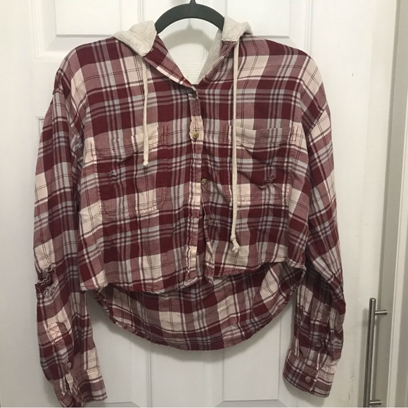💕4 for $10- American Eagle plaid shirt with built in hoodie - Picture 2 of 6